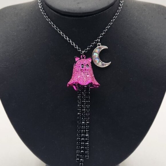 Betsey Johnson Pink Crystal Kitty Ghost Halloween Long Statement Necklace NWT - Picture 1 of 9